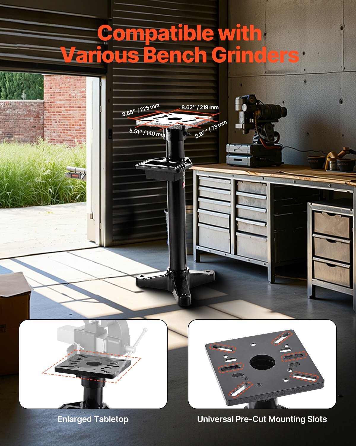 Bench Grinder Stand, Heavy-Duty Bench Grinder and Vise Floor Pedestal with 10.6" x 10.6" Mounting Plate, Pre-Cut Mounting Slots & Water Pot, Compatible with Most Bench Grinders