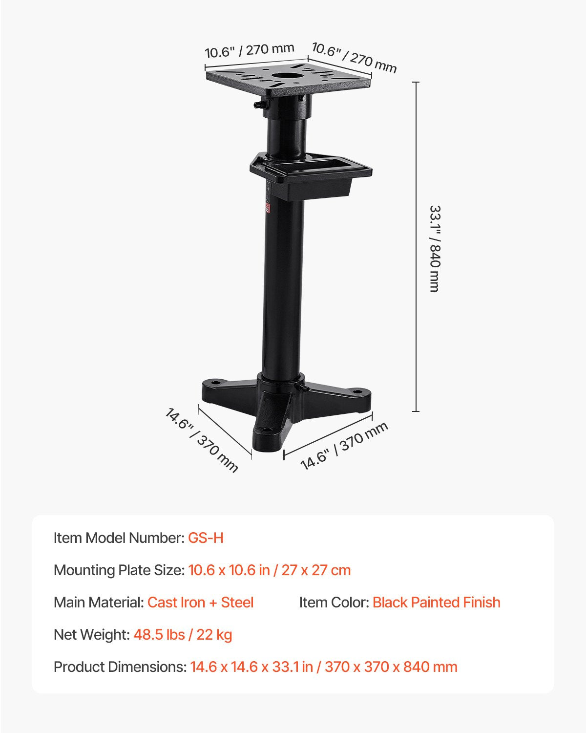Bench Grinder Stand, Heavy-Duty Bench Grinder and Vise Floor Pedestal with 10.6" x 10.6" Mounting Plate, Pre-Cut Mounting Slots & Water Pot, Compatible with Most Bench Grinders