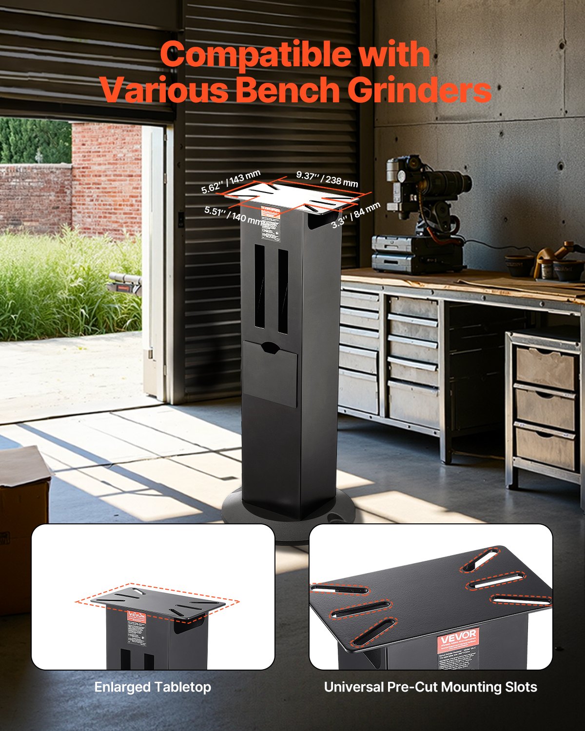 Bench Grinder Stand, Heavy-Duty Bench Grinder and Vise Floor Pedestal with 11" x 6.7" Mounting Plate, Grinding Wheel Storage Compartments & Cast Iron Base, Compatible with Most Bench Grinders