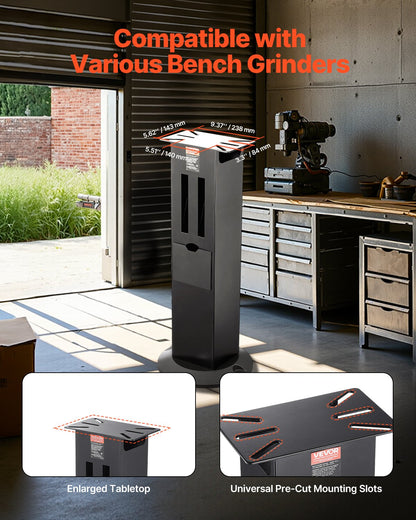 Bench Grinder Stand, Heavy-Duty Bench Grinder and Vise Floor Pedestal with 11" x 6.7" Mounting Plate, Grinding Wheel Storage Compartments & Cast Iron Base, Compatible with Most Bench Grinders