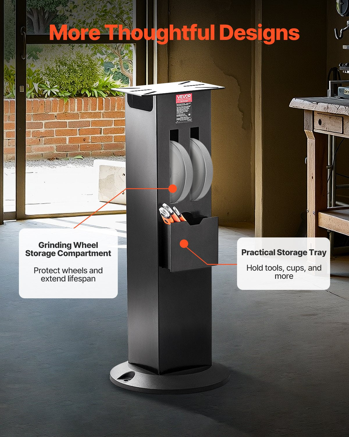 Bench Grinder Stand, Heavy-Duty Bench Grinder and Vise Floor Pedestal with 11" x 6.7" Mounting Plate, Grinding Wheel Storage Compartments & Cast Iron Base, Compatible with Most Bench Grinders