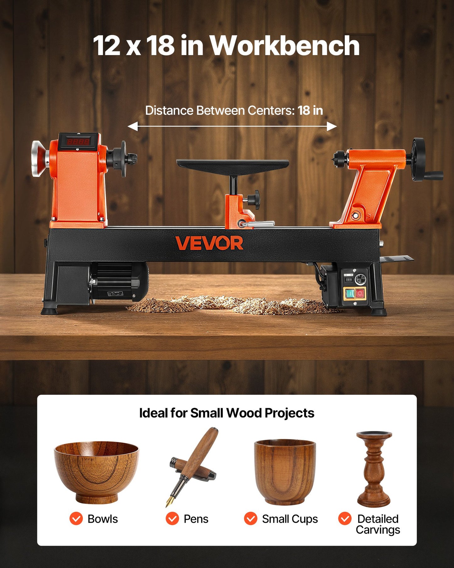 Woodworking Lathe, 1 HP, Benchtop Wood Lathe Machine with 0 to 3800 RPM Variable Speed, 12 x 18 in Workbench, Brushless DC Motor, Cast Iron Construction, for Beginner DIY Enthusiast Woodworking