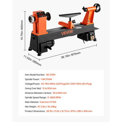 Drehbank für Holzbearbeitung, 1 PS, 12 Zoll x 18 Zoll, Tischdrehbank für Holz mit variabler Geschwindigkeit