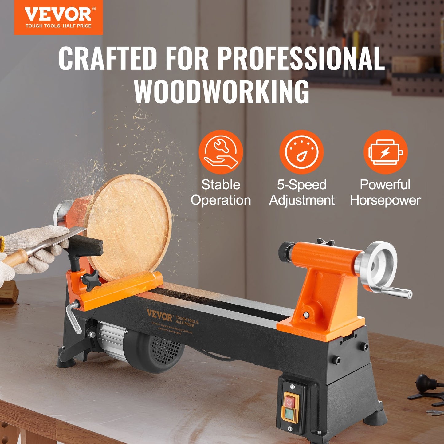 Tabletop Wood Lathe, Dimensions 10x18 inches, Motor Strength 0.5 HP 370W, Offers Wood Crafting with 5 Adjustable Speeds ranging from 780 to 3840 RPM, Includes Rod Injection, Wrenches, Facepla