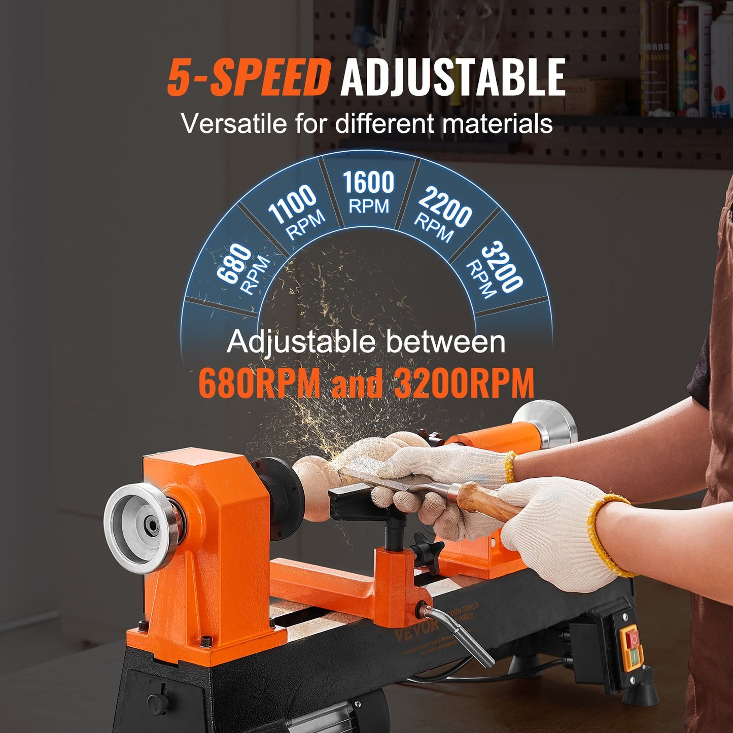 Tabletop Wood Lathe, Dimensions 10x18 inches, Motor Strength 0.5 HP 370W, Offers Wood Crafting with 5 Adjustable Speeds ranging from 780 to 3840 RPM, Includes Rod Injection, Wrenches, Facepla