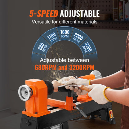 Tabletop Wood Lathe, Dimensions 10x18 inches, Motor Strength 0.5 HP 370W, Offers Wood Crafting with 5 Adjustable Speeds ranging from 780 to 3840 RPM, Includes Rod Injection, Wrenches, Facepla