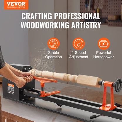 Tabletop Wood Lathe, Dimensions 14x40 inches, Motor Power 0.5 HP 370W, Features Variable Speeds 885/1245/1715/2425 RPM, Includes Chisels, Faceplate, Plastic Handle, Hex Wrench, Ideal for Craf