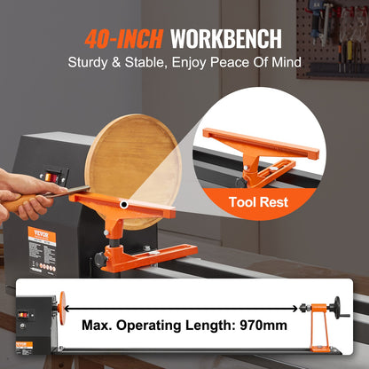 Tabletop Wood Lathe, Dimensions 14x40 inches, Motor Power 0.5 HP 370W, Features Variable Speeds 885/1245/1715/2425 RPM, Includes Chisels, Faceplate, Plastic Handle, Hex Wrench, Ideal for Craf