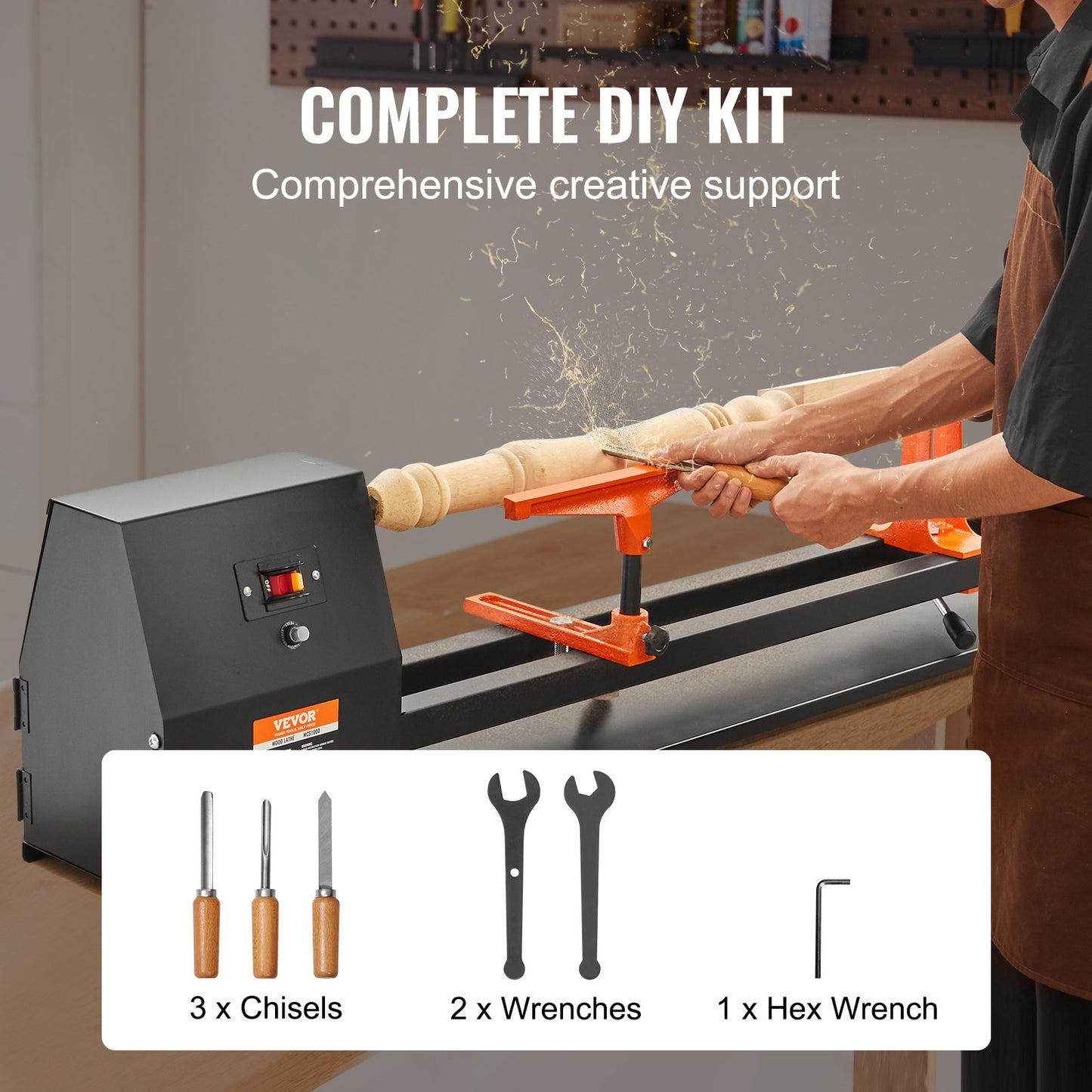 Tabletop Wood Lathe, Dimensions 14x40 inches, Motor Power 0.5 HP 370W, Features Variable Speeds 885/1245/1715/2425 RPM, Includes Chisels, Faceplate, Plastic Handle, Hex Wrench, Ideal for Craf