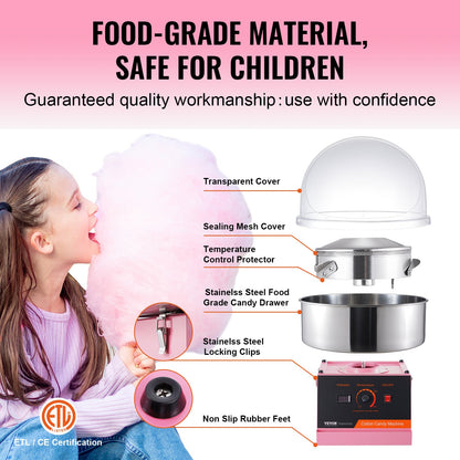 Electric Cotton Candy Maker, 1000W Candy Machine, Commercial Cotton Candy Maker with Lid, Stainless Steel Bowl and Sugar Scoop, Perfect for Home Children's Birthday, Family Party (Pink)