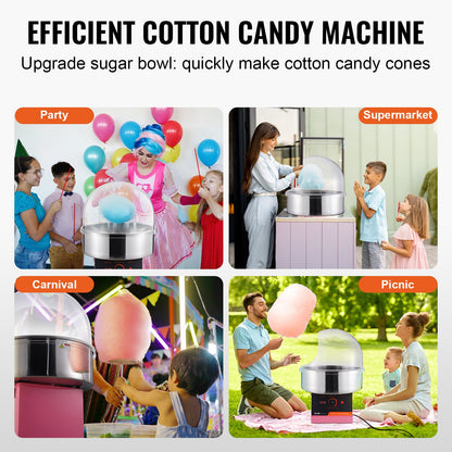 Electric Cotton Candy Maker, 1000W Candy Machine, Commercial Cotton Candy Maker with Lid, Stainless Steel Bowl and Sugar Scoop, Perfect for Home Children's Birthday, Family Party (Pink)