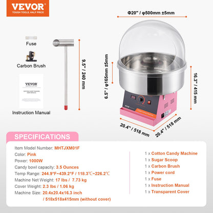 Electric Cotton Candy Maker, 1000W Candy Machine, Commercial Cotton Candy Maker with Lid, Stainless Steel Bowl and Sugar Scoop, Perfect for Home Children's Birthday, Family Party (Pink)