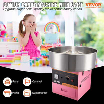Electric Cotton Candy Machine, 1000W Candy Floss Maker, Commercial Cotton Candy Machine with Stainless Steel Bowl, Sugar Scoop, and Drawer, Perfect for Home Kids Birthday, Family Party Pink