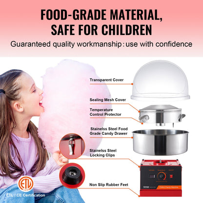 Electric Cotton Candy Machine, 1000W Candy Floss Maker, Commercial Cotton Candy Machine with Lid, Stainless Steel Bowl and Sugar Scoop, Perfect for Home Children's Birthday, Family Party (Red)