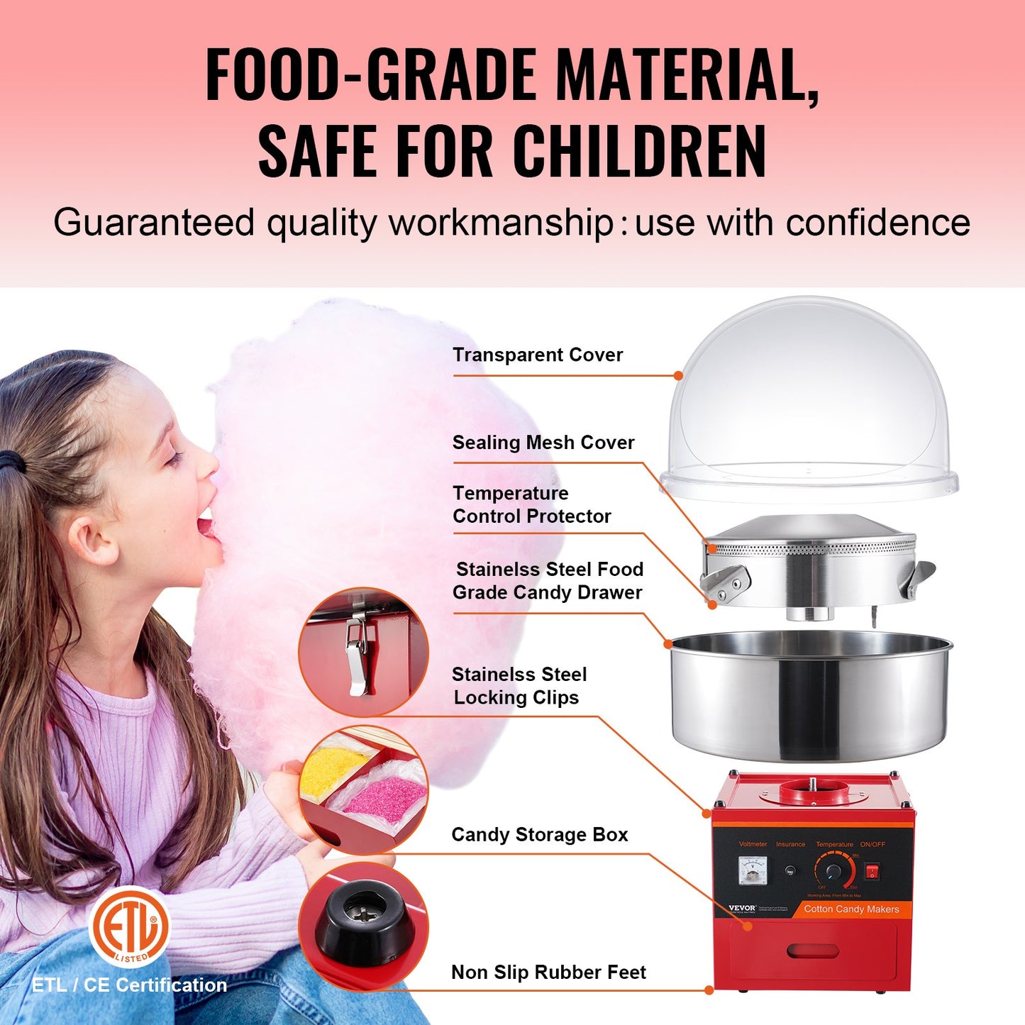 Electric Cotton Candy Maker, 1000W Candy Machine, Commercial Cotton Candy Maker with Lid, Stainless Steel Bowl, Sugar Scoop, Box, Perfect for Home Children's Birthday, Family Party, Red
