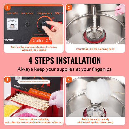 Electric Cotton Candy Maker, 1000W Candy Machine, Commercial Cotton Candy Maker with Lid, Stainless Steel Bowl, Sugar Scoop, Box, Perfect for Home Children's Birthday, Family Party, Red