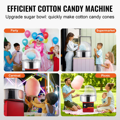 Electric Cotton Candy Maker, 1000W Candy Machine, Commercial Cotton Candy Maker with Lid, Stainless Steel Bowl, Sugar Scoop, Box, Perfect for Home Children's Birthday, Family Party, Red