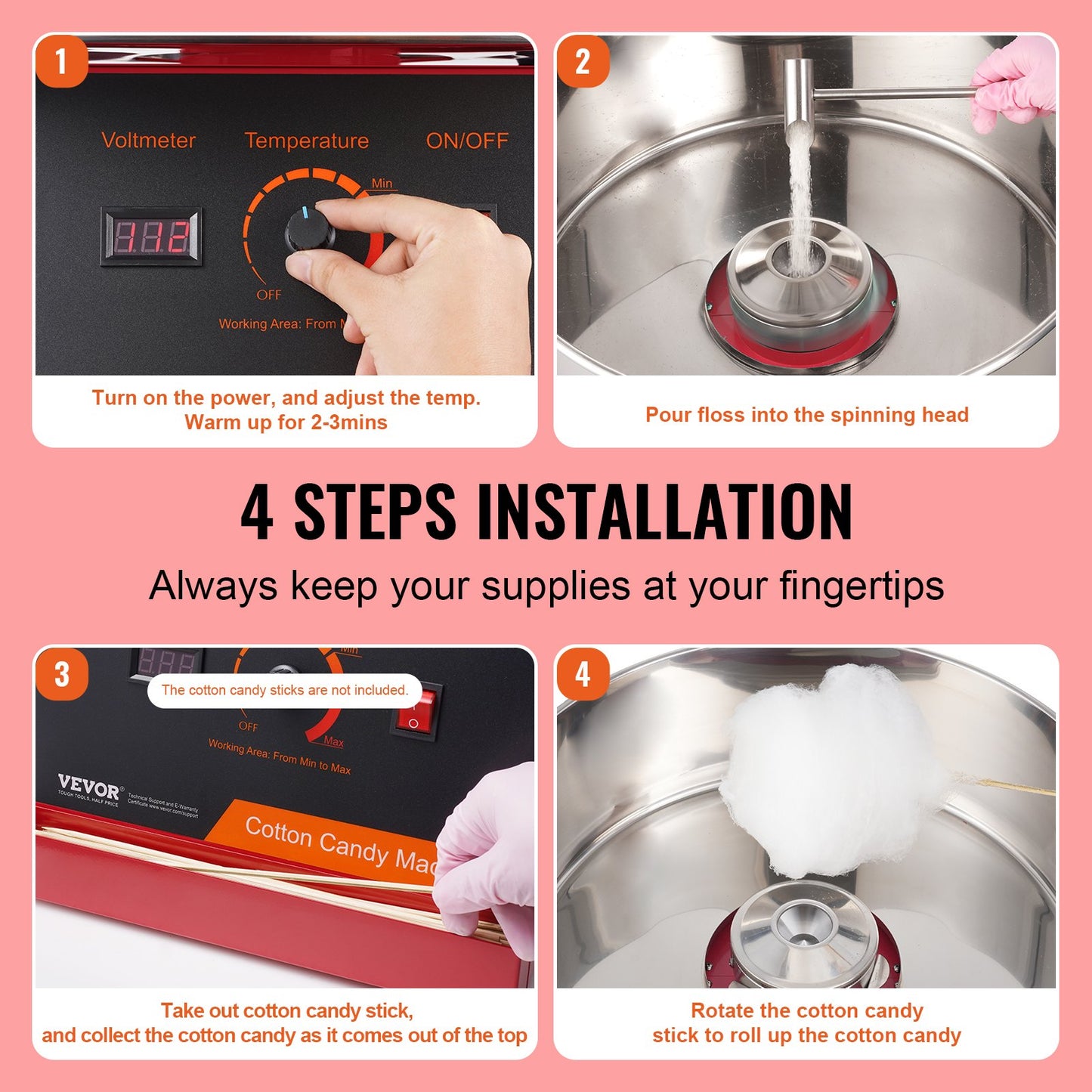 Electric Cotton Candy Machine, 1000W Candy Floss Maker, Commercial Cotton Candy Machine with Stainless Steel Bowl and Sugar Scoop, Perfect for Home Children's Birthday, Family Party (Red)