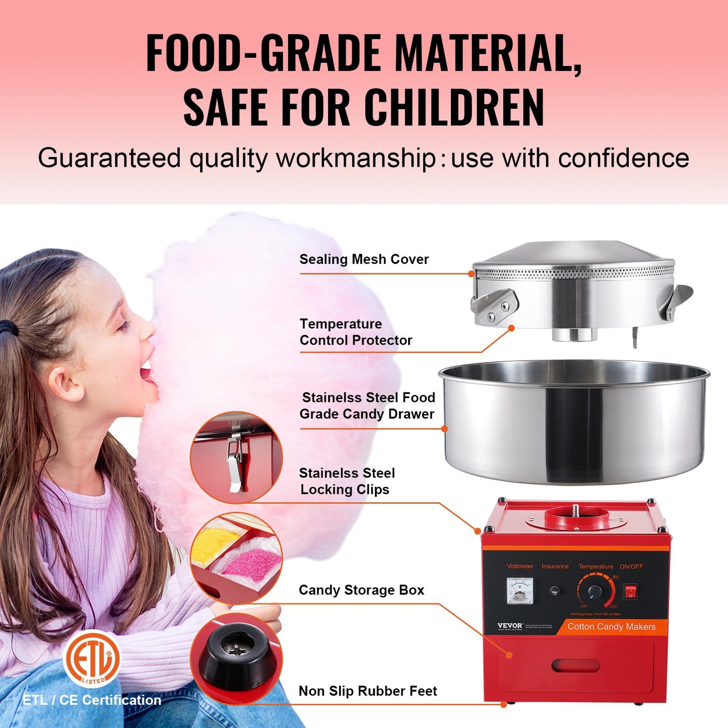 Electric Cotton Candy Machine, 1000W Candy Floss Maker, Commercial Cotton Candy Machine with Stainless Steel Bowl, Sugar Scoop, and Drawer, Perfect for Home Kids Birthday, Family Party, Red