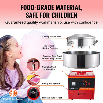 Electric Cotton Candy Machine, 1000W Candy Floss Maker, Commercial Cotton Candy Machine with Stainless Steel Bowl, Sugar Scoop, and Drawer, Perfect for Home Kids Birthday, Family Party, Red