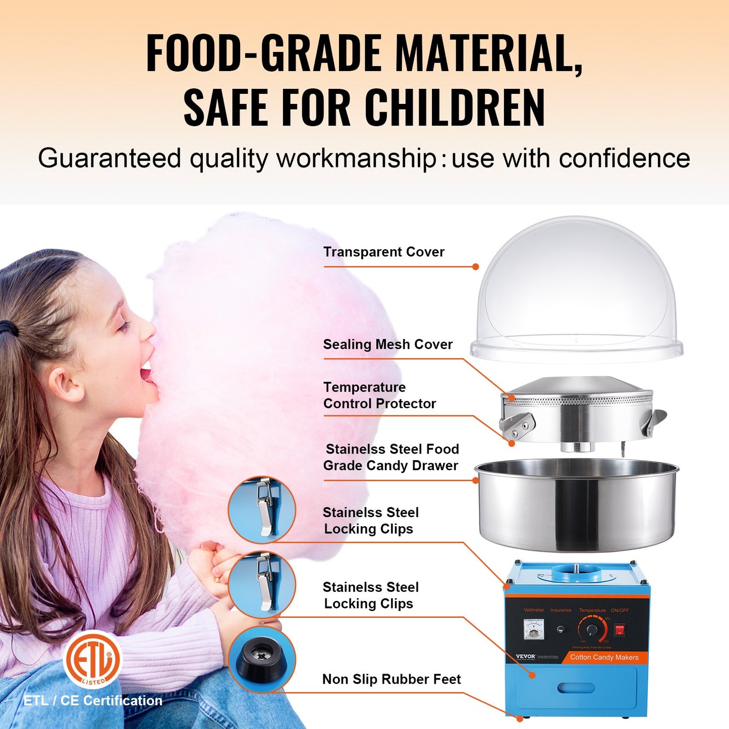 Electric Cotton Candy Maker, 1000W Candy Machine, Commercial Cotton Candy Maker with Lid, Stainless Steel Bowl, Sugar Scoop, Box, Perfect for Home Children's Birthday, Family Party, Blue