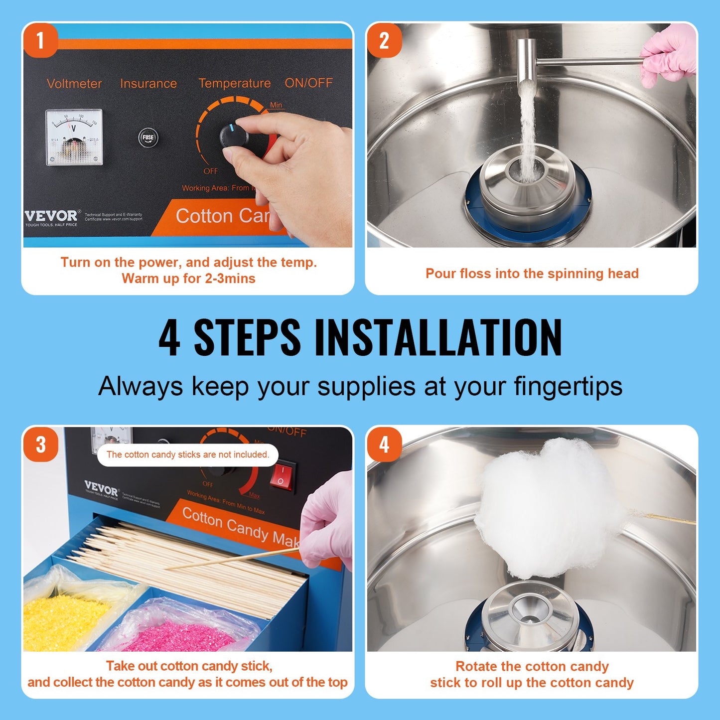 Electric Cotton Candy Maker, 1000W Candy Machine, Commercial Cotton Candy Maker with Lid, Stainless Steel Bowl, Sugar Scoop, Box, Perfect for Home Children's Birthday, Family Party, Blue