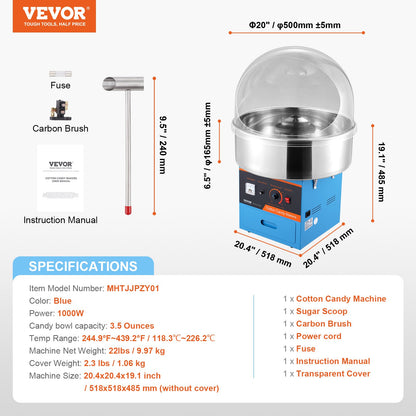 Electric Cotton Candy Maker, 1000W Candy Machine, Commercial Cotton Candy Maker with Lid, Stainless Steel Bowl, Sugar Scoop, Box, Perfect for Home Children's Birthday, Family Party, Blue