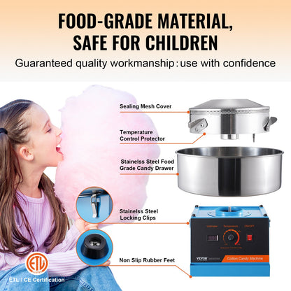 Elektrische Zuckerwattemaschine, 1000-W-Süßigkeitenmaschine, kommerzielle Zuckerwattemaschine mit Edelstahlschüssel und Zuckerschaufel, perfekt für den Kindergeburtstag zu Hause, Familienfeier (blau)