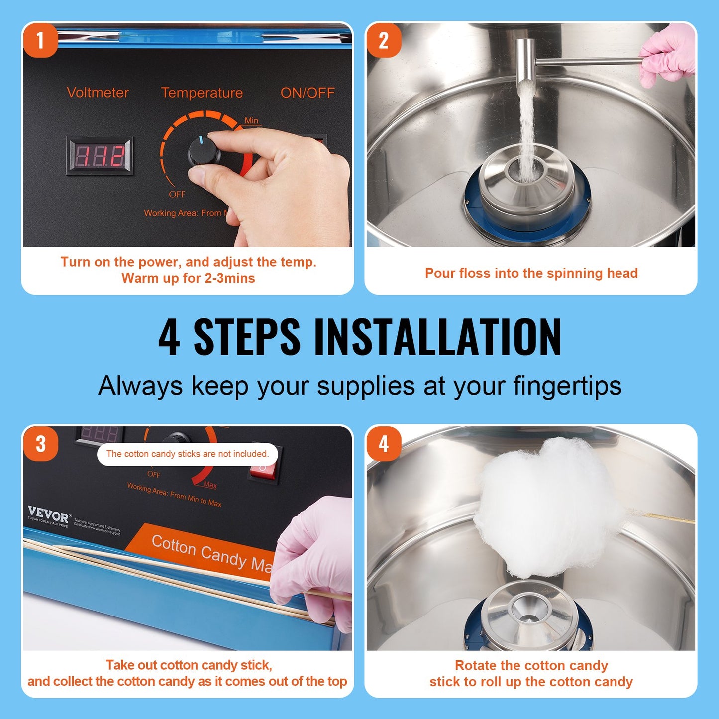 Elektrische Zuckerwattemaschine, 1000-W-Süßigkeitenmaschine, kommerzielle Zuckerwattemaschine mit Edelstahlschüssel und Zuckerschaufel, perfekt für den Kindergeburtstag zu Hause, Familienfeier (blau)
