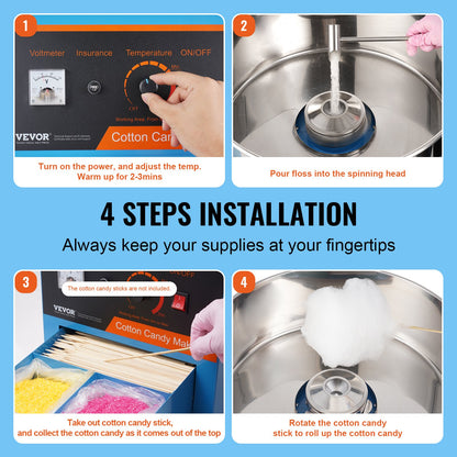 Electric Cotton Candy Machine, 1000W Candy Floss Maker, Commercial Cotton Candy Machine with Stainless Steel Bowl, Sugar Scoop, and Drawer, Perfect for Home Kids Birthday, Family Party, Blue