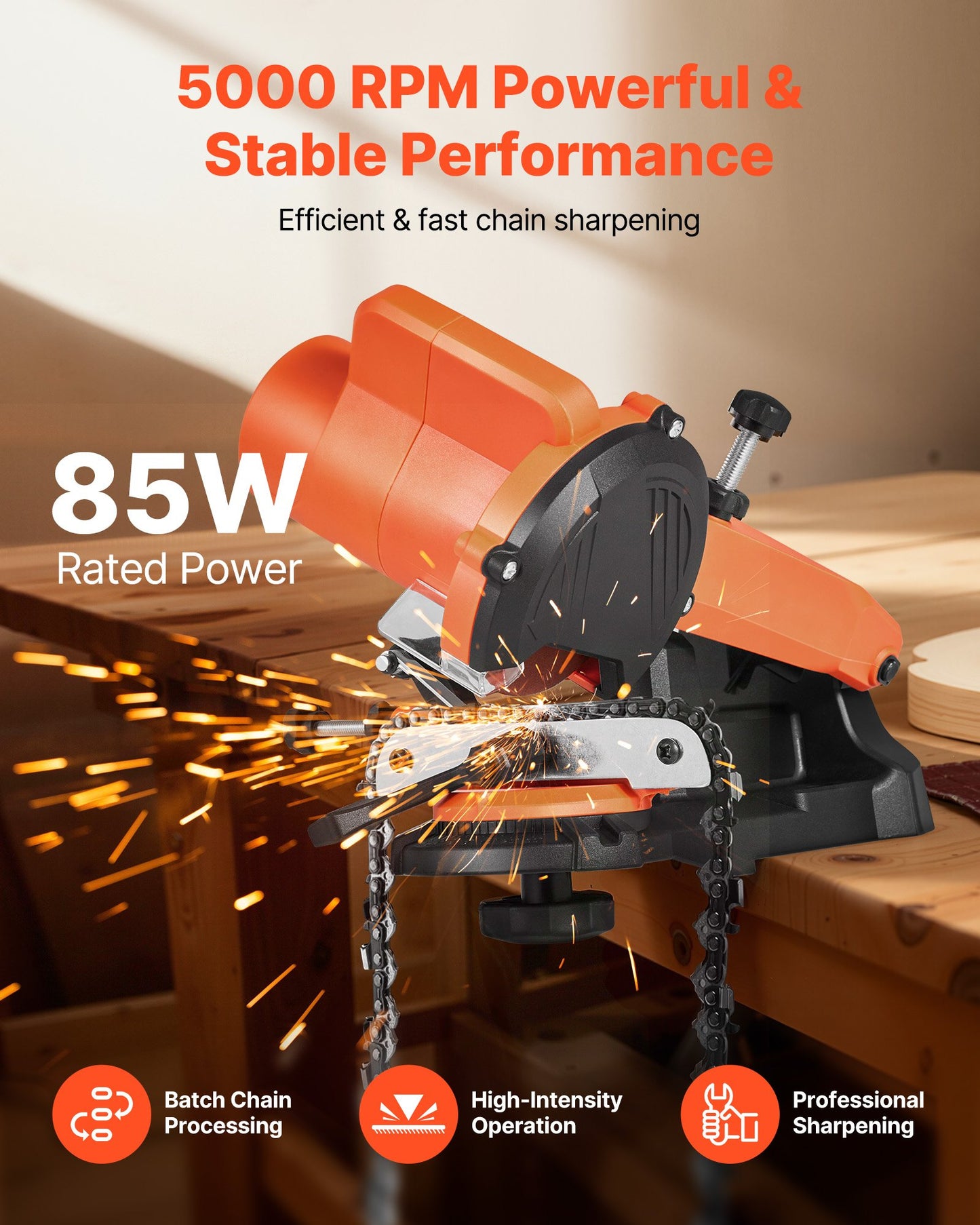 Electric Chainsaw Sharpener, 85W Bench Saw Chain Sharpener 5000RPM, Professional Chainsaw Sharpening Tool with 2 Grinding Wheels for Woodworking, Logging, Gardening