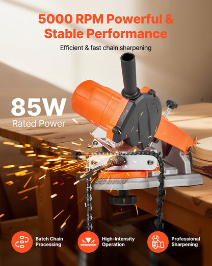 Electric Chainsaw Sharpener, 85W Bench Saw Chain Sharpener 5000RPM, Professional Chainsaw Sharpening Tool with 2 Grinding Wheels & LED Light for Woodworking, Logging, Gardening