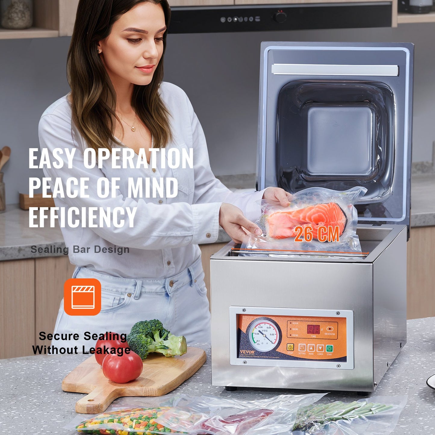 Chamber Vacuum Sealer, 260W sealing power, vacuum packaging machine for wet food, meat, marinades and more, compact size with 10.2" sealing length, applied in home kitchen and commercial use