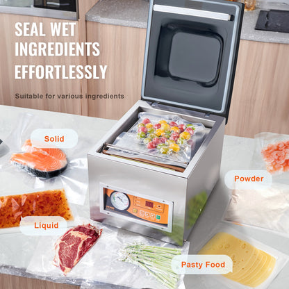 Chamber Vacuum Sealer, 260W sealing power, vacuum packaging machine for wet food, meat, marinades and more, compact size with 10.2" sealing length, applied in home kitchen and commercial use