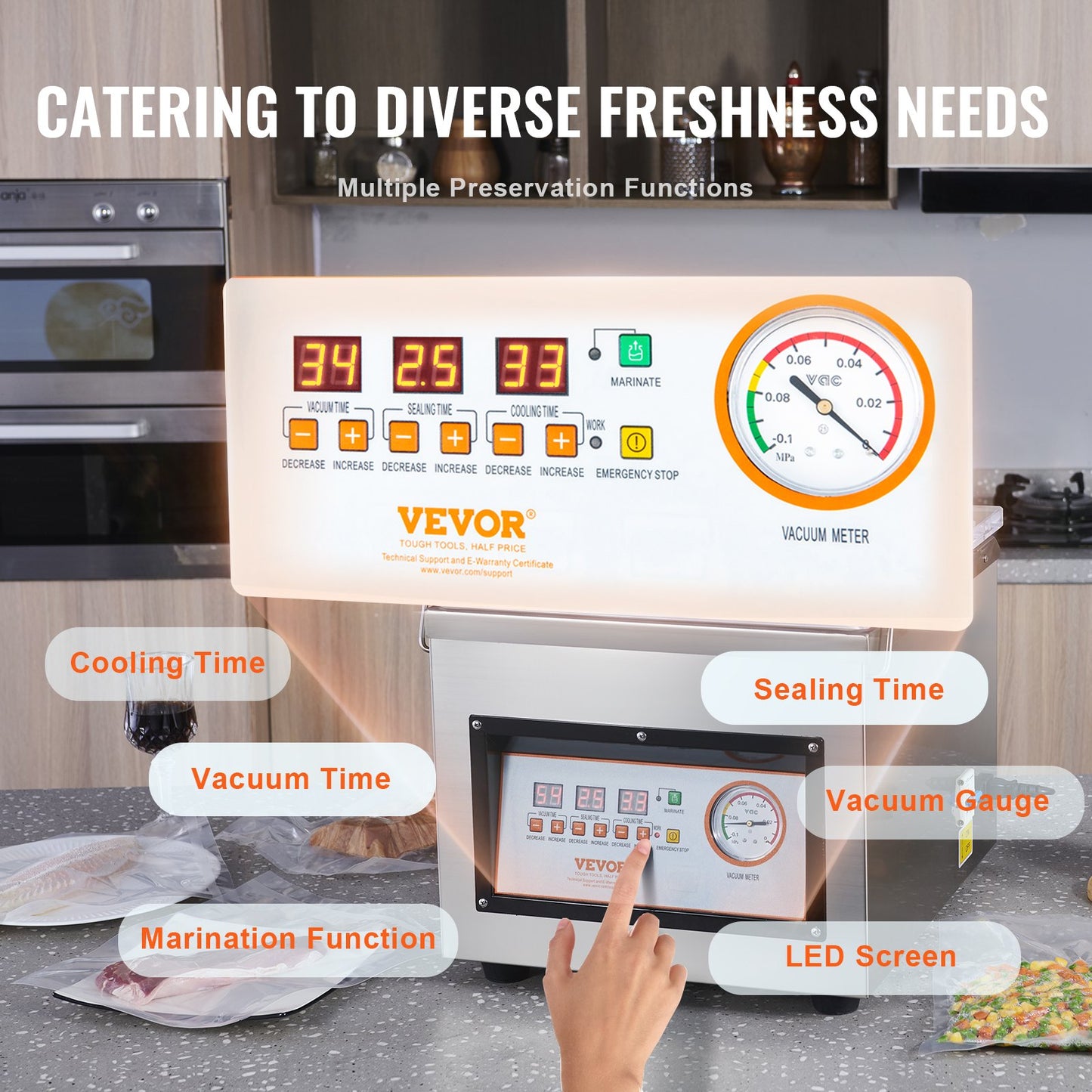 Chamber Vacuum Sealer, 320W sealing power, vacuum packaging machine for wet food, meat, marinades and more, compact size with 12.6" sealing length, applied in home kitchen and commercial use