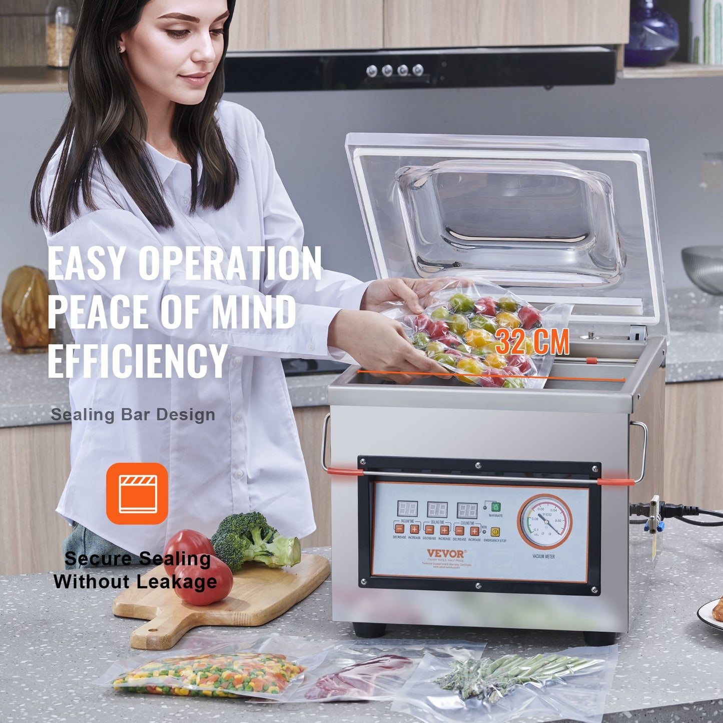 Chamber Vacuum Sealer, 320W sealing power, vacuum packaging machine for wet food, meat, marinades and more, compact size with 12.6" sealing length, applied in home kitchen and commercial use