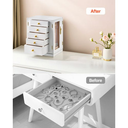 Smyckeskrin 360° Roterande Smyckeförvaring med 5 Rymliga Lådor Vit