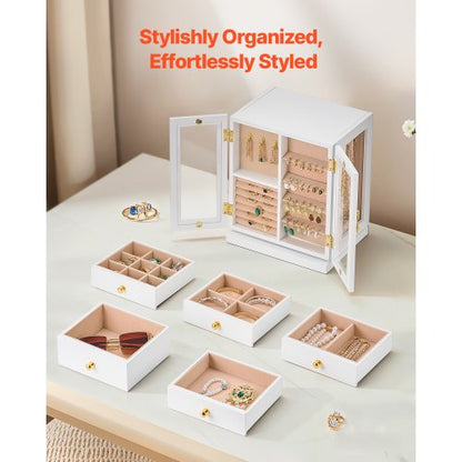 Smyckeskrin 360° Roterande Smyckeförvaring med 5 Rymliga Lådor Vit