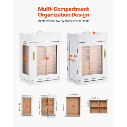 Schmuckschatulle, 360° drehbar, Schmuckschatulle mit 4 Halskettenhaken, Weiß