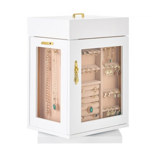 Schmuckschatulle, 360° drehbar, Schmuckschatulle mit 4 Halskettenhaken, Weiß