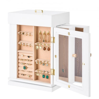 Schmuckschatulle, 360° drehbar, Schmuckschatulle mit 4 Halskettenhaken, Weiß