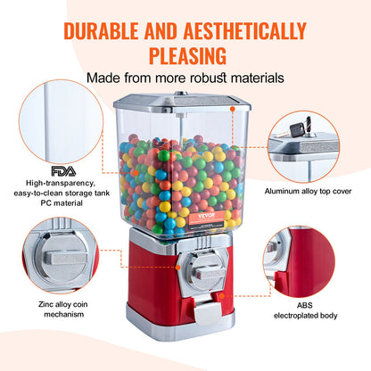 Gumball Machine for Kids, 17"H Home Candy Vending Machine, PC Gumball Dispenser, Bubble Gum Machine for Game Stores, Coin Operated Gumball Bank for Toy Capsules Bouncy Balls Candy, Red