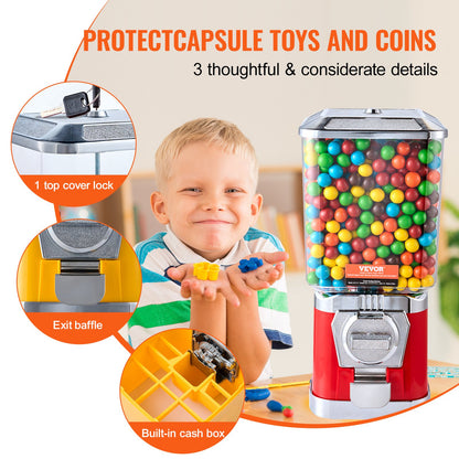 Gumball Machine for Kids, 17"H Home Candy Vending Machine, PC Gumball Dispenser, Bubble Gum Machine for Game Stores, Coin Operated Gumball Bank for Toy Capsules Bouncy Balls Candy, Red