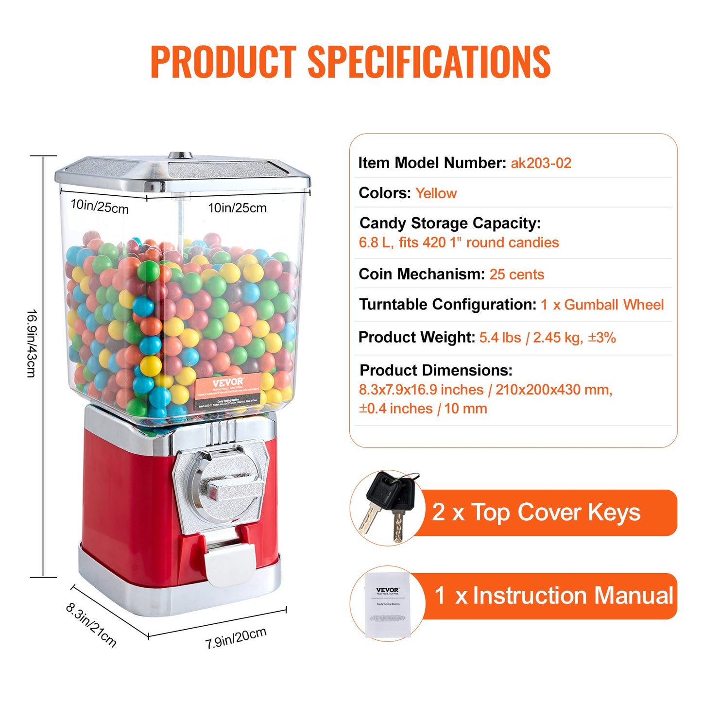 Gumball Machine for Kids, 17"H Home Candy Vending Machine, PC Gumball Dispenser, Bubble Gum Machine for Game Stores, Coin Operated Gumball Bank for Toy Capsules Bouncy Balls Candy, Red