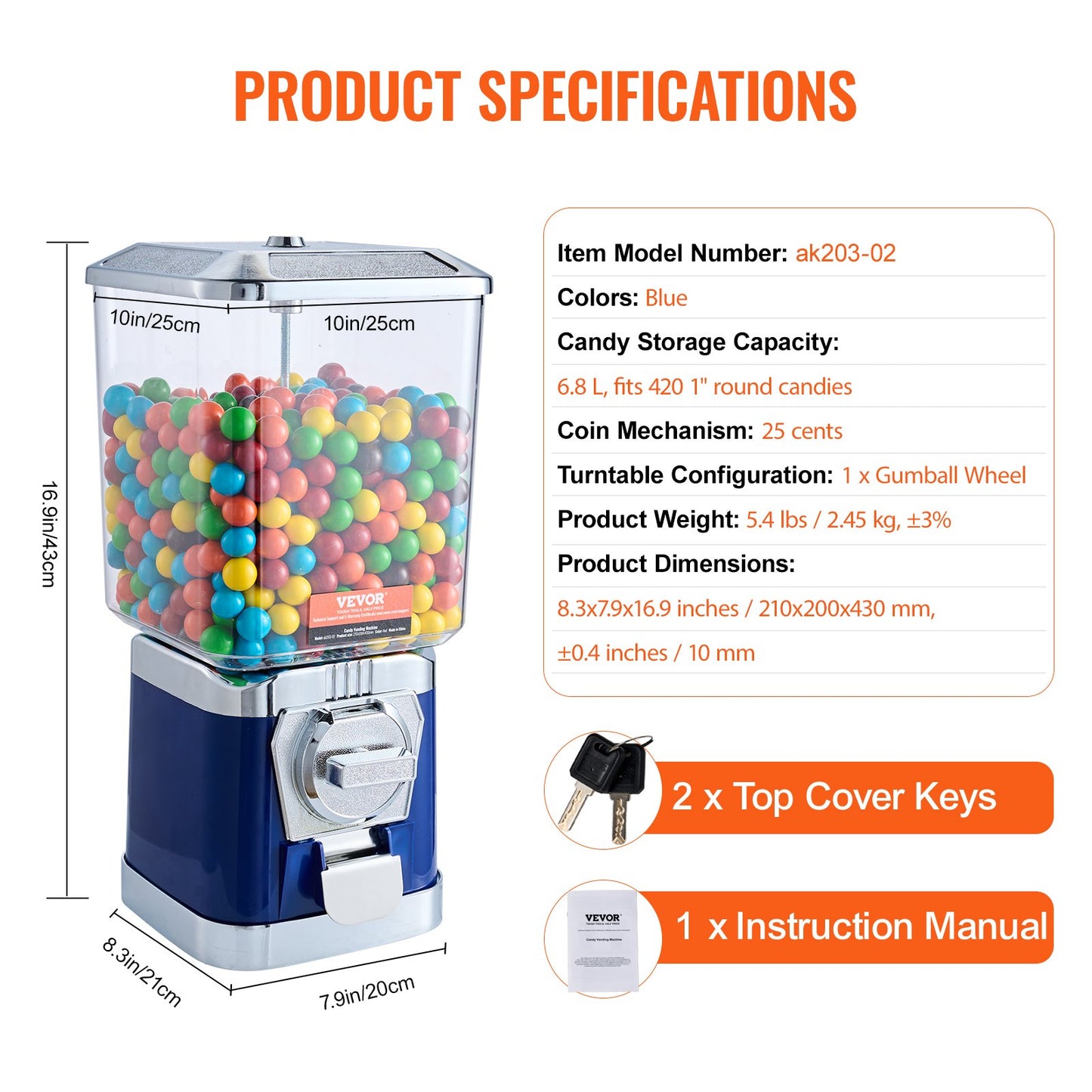 Gumball Machine for Kids, 17"H Home Candy Vending Machine, PC Gumball Dispenser, Bubble Gum Machine for Game Stores, Coin Operated Gumball Bank for Toy Capsules Bouncy Balls Candy, Blue