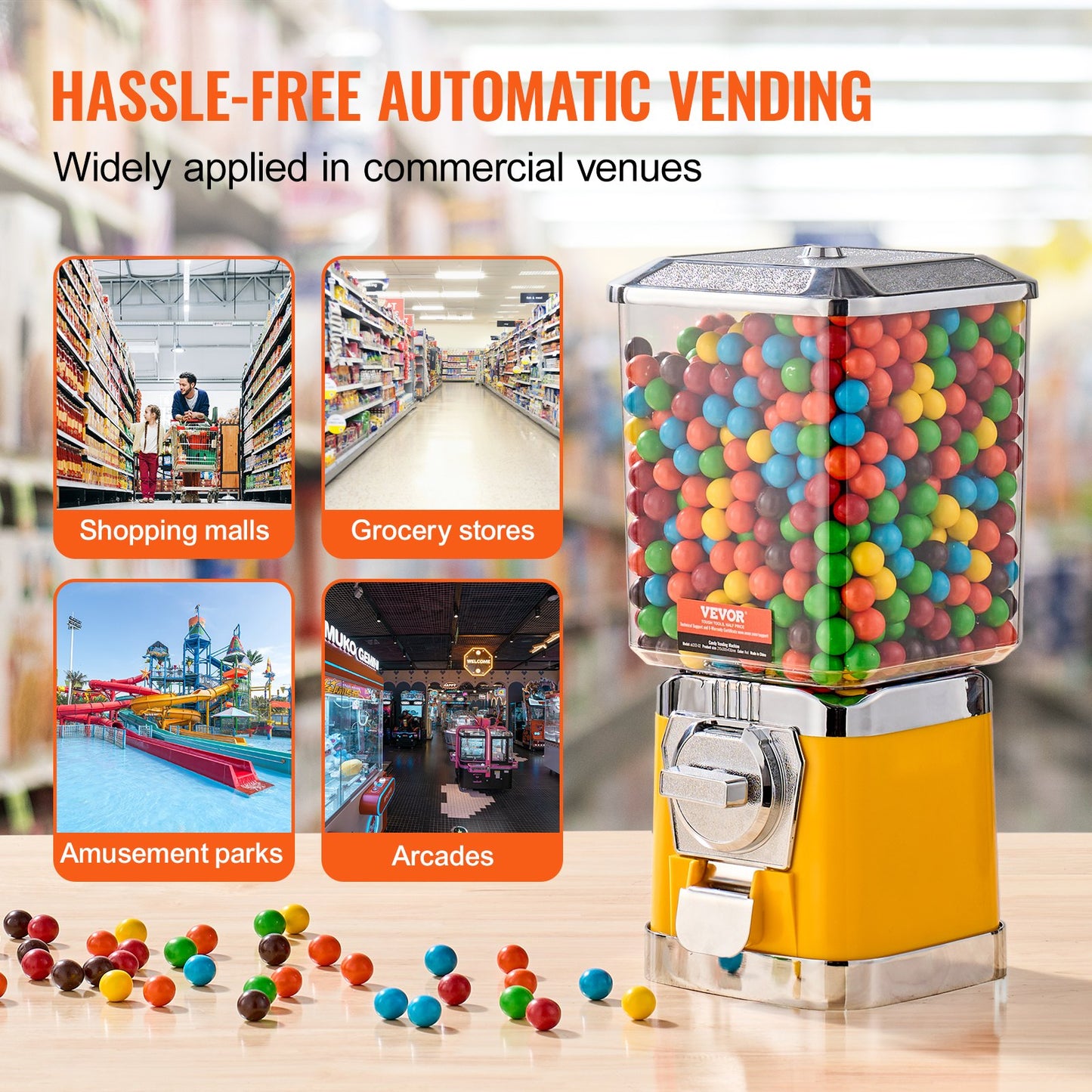 Gumball Machine for Kids, 17"H Home Candy Vending Machine, PC Gumball Dispenser, Bubble Gum Machine for Game Stores, Coin Operated Gumball Bank for Toy Capsules Bouncy Balls Candy, Yellow