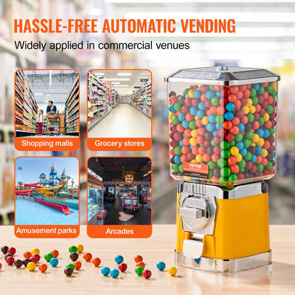 Gumball Machine for Kids, 17"H Home Candy Vending Machine, PC Gumball Dispenser, Bubble Gum Machine for Game Stores, Coin Operated Gumball Bank for Toy Capsules Bouncy Balls Candy, Yellow