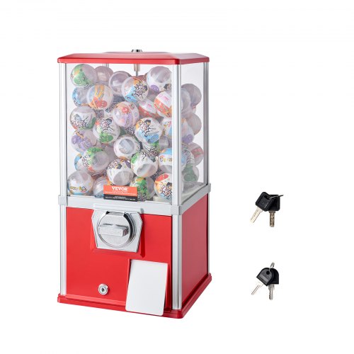 Gumball Machine for Kids, 21" Height Home Vending Machine, PS Bouncy Balls Dispenser, Hold 180 Capsule Toys, Rectangle Bubble Gum Machine for Game Stores, Coin Operated Gumball Bank, Red