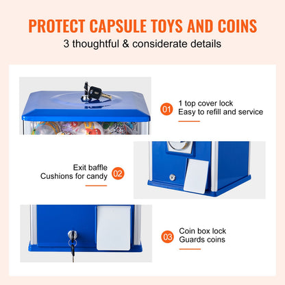 Gumball Machine for Kids, 25" Height Home Vending Machine, PS Bouncy Balls Dispenser, Hold 230 Capsule Toys, Rectangle Bubble Gum Machine for Game Stores, Coin Operated Gumball Bank, Blue