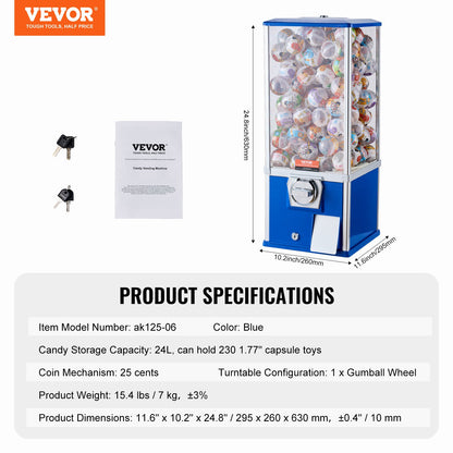 Gumball Machine for Kids, 25" Height Home Vending Machine, PS Bouncy Balls Dispenser, Hold 230 Capsule Toys, Rectangle Bubble Gum Machine for Game Stores, Coin Operated Gumball Bank, Blue